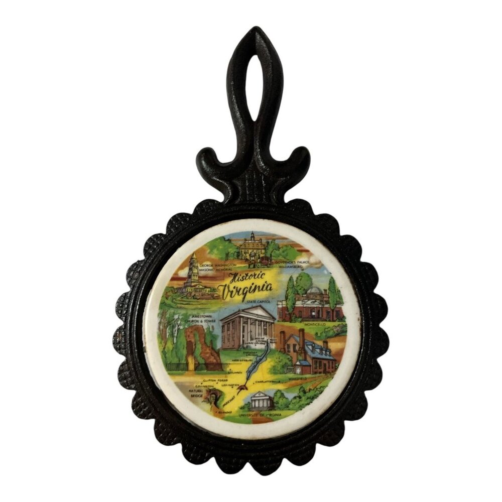 Vintage Historic Virginia Souvenir Trivet Cast Iron Stand Scenic Tile Wall or Ta